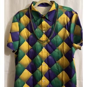 Mardi Gras Print Casual Button Down Short Sleeve Shirt New Orleans Small W/Beads